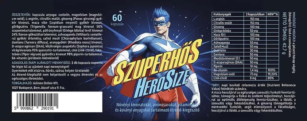 Szuperhős Hero Size méretnövelő kapszula - 60 DB - cimke